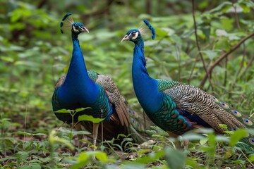 Fototapeta premium two peacocks in the forest