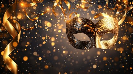 Glitzy New Year vector of an elegant masquerade ball, with glittering masks, golden streamers, and festive lights sparkling in a luxurious atmosphere.