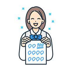 テストの結果に大満足。100点の答案用紙を手に持つ学生服を着た高校生のイラスト。