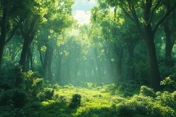 Obraz premium Sunlit Forest Glade with Lush Greenery and Tall Trees Creating a Serene and Peaceful Natural Landscape