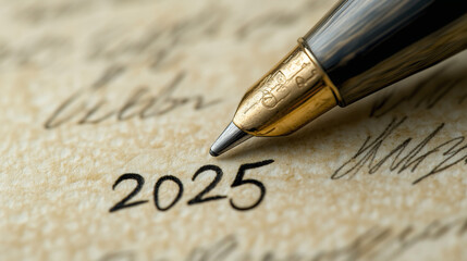 Zbliżenie na pióro, starannie zapisującą rok 2025.