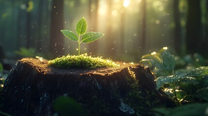 Fototapeta premium Young seedling emerging&nbsp;from moss-covered tree stump in&nbsp;misty forest setting, captured in morning sunlight with bokeh effect, symbolizing new life and hope.