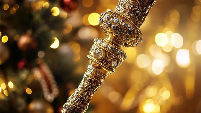 Ornate golden scepter with intricate design and gems against festive background celebrating happy st. nicholas day ai