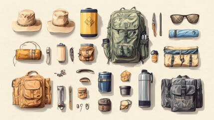 High-detail illustration of adventure equipment for desert exploration, with canteens, sun hats, and rugged backpacks, emphasizing durable gear for tough adventure and travel equipment