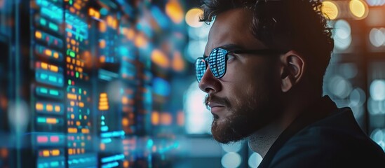 A portrait of an AI content creator looking at the screen with data and graphs.