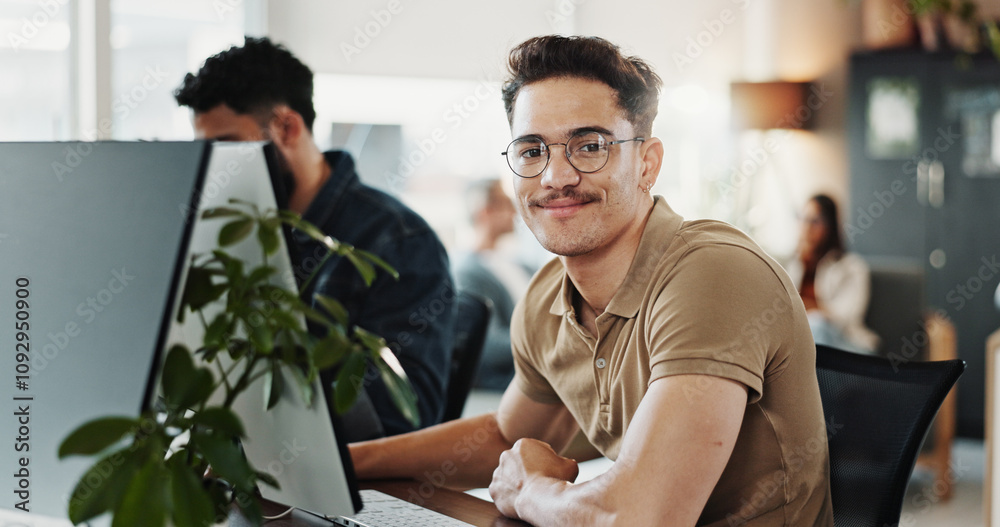 Poster Computer, portrait and web development with man in creative workplace for coding or design. Cybersecurity, language and system infrastructure with programmer person in office as website developer