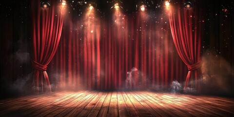 Magic theater stage red curtains Show Spotlight, copy space, empty room	
