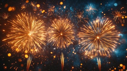 Illustration of celebratory fireworks bursting in the air at midnight, with a mix of glittering stars and bright streaks lighting up the midnight sky.