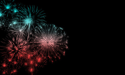 Colorful fireworks exploding against a dark night sky, perfect for celebratory designs.