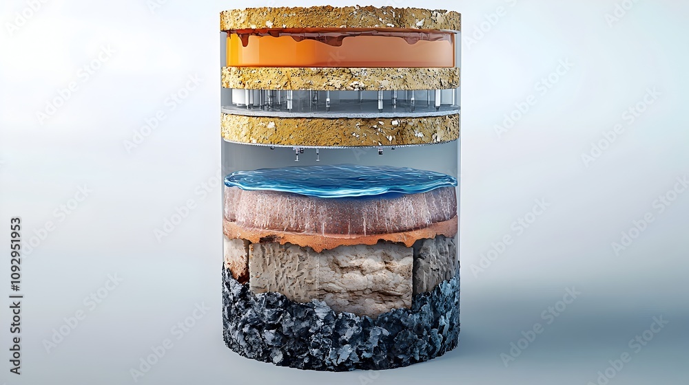 Poster intricate close up view of the material layers within a reverse osmosis filter highlighting the adva