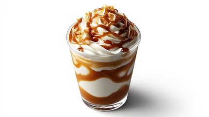 Artisanal iced caramel macchiato layered coffee and milk caramel drizzle frosted glass artistic swirls minimalist white background refreshing appearance HD Image