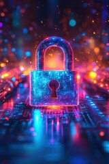 Futuristic Digital Security Concept with Glowing Lock on Circuit Board in Vibrant Neon Colors