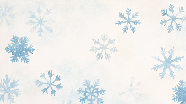 A textured watercolor background with intricately detailed snowflakes in various shapes and sizes. The palette consists of cool whites, icy blues, and faint silvery accents, creating a peaceful and