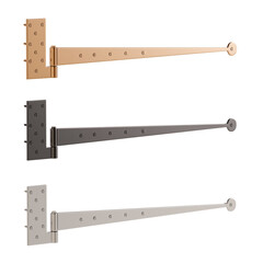 Three different colored metal hinges are shown in a row
