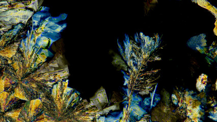 Beautiful formed of crystals Paracetamolum solution under a microscope, the effect of polarization...
