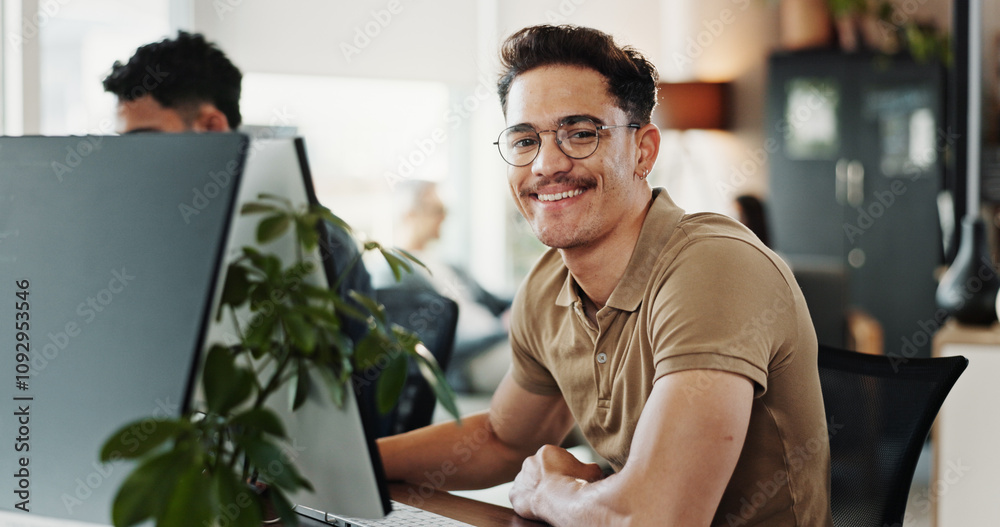 Poster Computer, portrait and web development with smile of man in creative workplace for coding or design. Cybersecurity, happy and system infrastructure with employee person in office as website developer