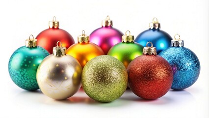 Colorful Assorted Christmas Baubles on White Background - Ideal for Festive Holiday Designs.