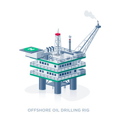 Offshore crude oil drilling rig platform facility on the sea. Petrochemical heavy gasoline production industry. Flat isolated vector illustration on white background in isometric dimetric style.