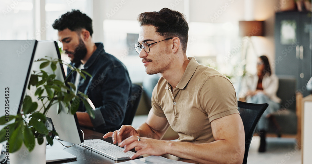 Poster Computer, typing and web development with man programmer in creative workplace for coding or design. Cybersecurity, happy and system infrastructure with employee person in office as website developer