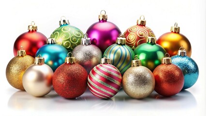 Colorful Assorted Christmas Baubles on White Background - Ideal for Festive Holiday Designs.