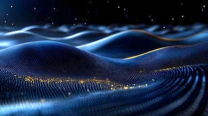 Digital Waves: Abstract Blue & Gold Particle Flow Visualization