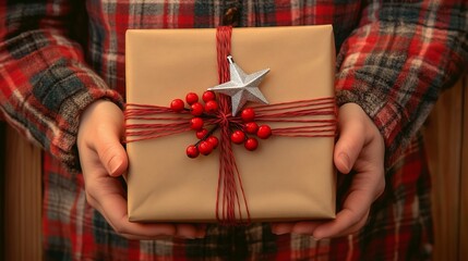 Woman holding christmas gift decorated with red berries and silver star