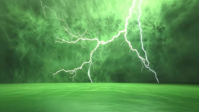 Green Lightning Storm: An otherworldly landscape unfolds under a vibrant green sky, where dramatic lightning strikes illuminate a surreal scene.