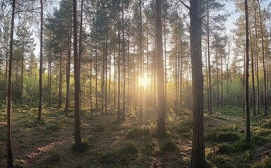 Obraz premium Spring Forest Landscape with Tall Pine Trees at Sunrise, AI generated illustration