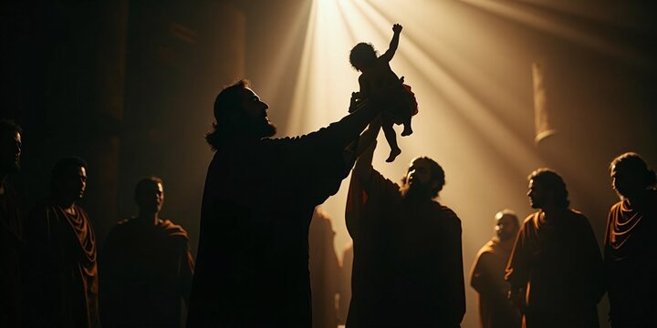 Simeon&rsquo;s Prophecy About Jesus, Simeon lifting Jesus in the temple, with a divine light illuminating the scene as he prophesies.