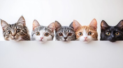 Five adorable kittens peeking over a white surface, showcasing their distinct fur patterns.