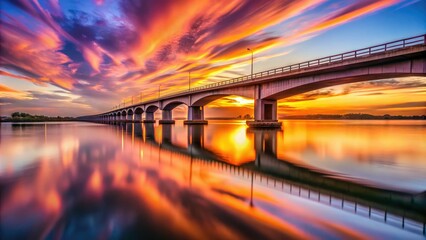 Fototapeta premium Breathtaking long exposure photo of a famous bridge at sunset, showcasing vivid colors and tranquil reflections, ideal for fans of travel and landscape photography.