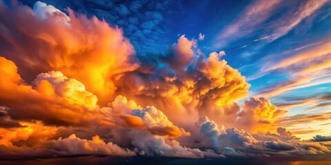 Breathtaking macro photography highlights vibrant sunset clouds set against a bright sunny sky, showcasing nature's beauty in a calm, serene atmosphere filled with vivid colors.