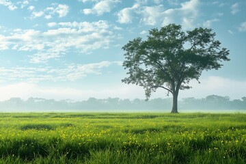 A majestic solitary tree rises above an expansive green field on a serene, cloudy day, inviting peace.