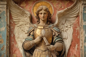 Archangel statue holding sword and wearing golden armor