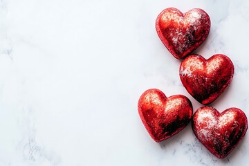 Fototapeta premium Four Red Heart-Shaped Decor on a White Marble Surface. A high-angle, close-up shot of four shiny, red heart-shaped objects, possibly bath bombs or chocolates, arranged in a slightly overlapping patter