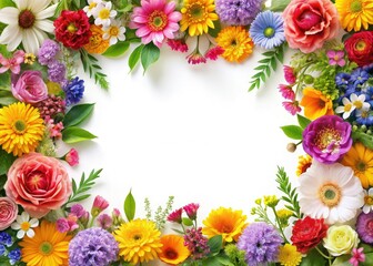 Bright and vibrant floral frame featuring summer and spring flowers on a white backdrop, perfect for advertising banners, seasonal promotions, and colorful marketing campaigns.