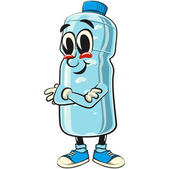 water plastic bottle cartoon mascot character folding his arms calmly, vector illustration isolated, work of hand drawn
