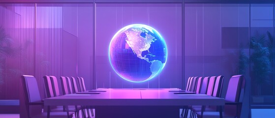 Holographic globe in a corporate meeting setting, flat design illustration