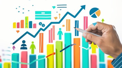 business man executive manager holding presentation of growth concept idea in front of shareholders in meeting office of a company. showing finger on white board.