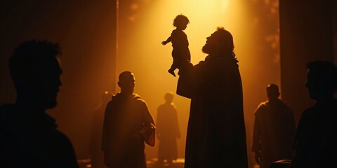 Simeon’s Prophecy About Jesus, Simeon lifting Jesus in the temple, with a divine light illuminating the scene as he prophesies.