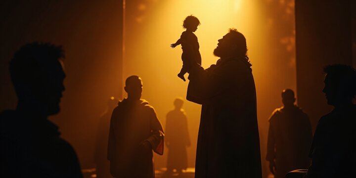 Simeon&rsquo;s Prophecy About Jesus, Simeon lifting Jesus in the temple, with a divine light illuminating the scene as he prophesies.