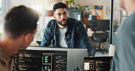 Men, discussion and meeting with computer for coding solutions, problem solving or ideas at office....