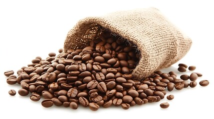 Fototapeta premium Fresh roasted coffee beans spilling from burlap sack onto white background, copy space