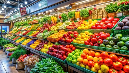Brightly colored fruits and vegetables fill the supermarket's refrigerated section, creating a vibrant display of freshness and health, showcasing local market offerings in every glance.