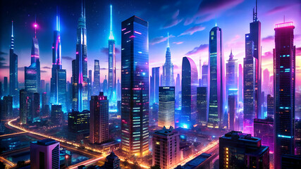 Fototapeta premium A cityscape with neon lights and tall buildings