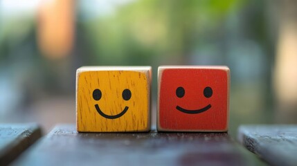 Mental health and emotional state, Smile face in bright side and sad face in dark side on wooden block cube for positive mindset selection, expression, mask, bipolar, generate by AI