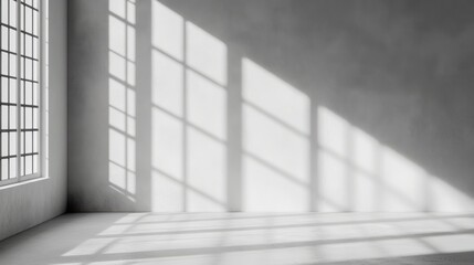 abstract. minimalistic background for product presentation. walls in  large empty room greyish white. can full of sunlight. Loft wall or minimalist wall. Shadow, light from windows to plaster wall.