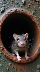 Curious Rat Peeking Out of a Rusty Sewer Pipe