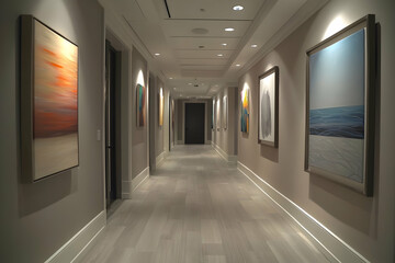 Corridor with stylish art and minimalist decor, adding a modern aesthetic.