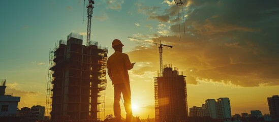 A male engineer wearing a safety helmet and glasses is holding an iPad with his friend on a construction site.